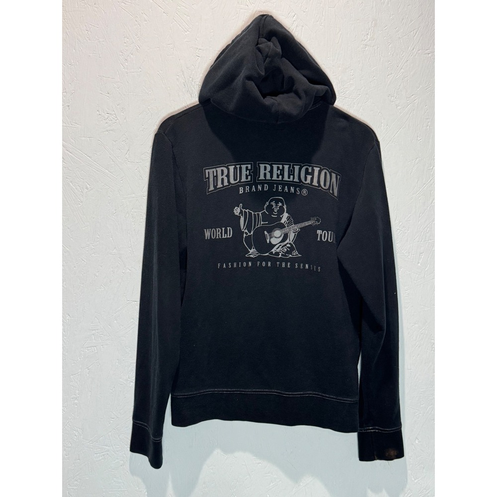 True Religion Mens Classic Logo Zip Up Hoodie Black Buddha World Tour Large